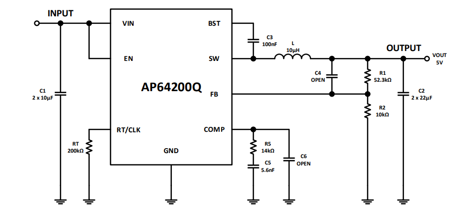 Applikations-Schaltungsdiagramm - Diodes Incorporated AP64200Q Synchroner Automotive-Abwärtswandler